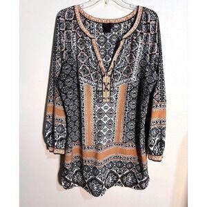 Hale Bob Boho Print Lace Up Shift Dress Women Roll Tab SleevesSize Large